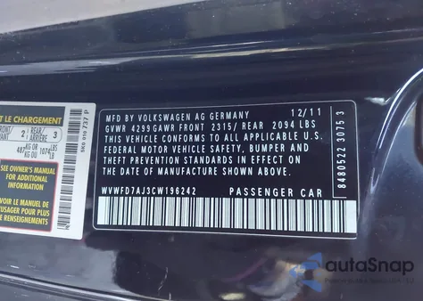 2012 Volkswagen Gti 2-Door z USA, uszkodzony, nr VIN WVWFD7AJ3CW196242